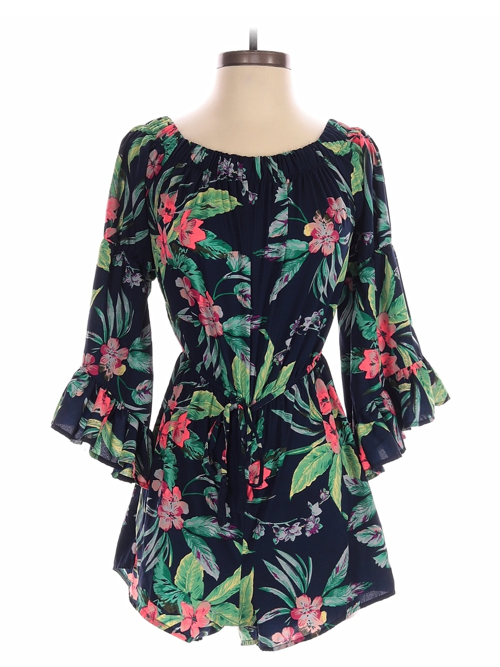 Navy Floral Off-Shoulder Romper. Ruffle Bell Sleeves. Size XL. Tropical - Picture 2 of 2